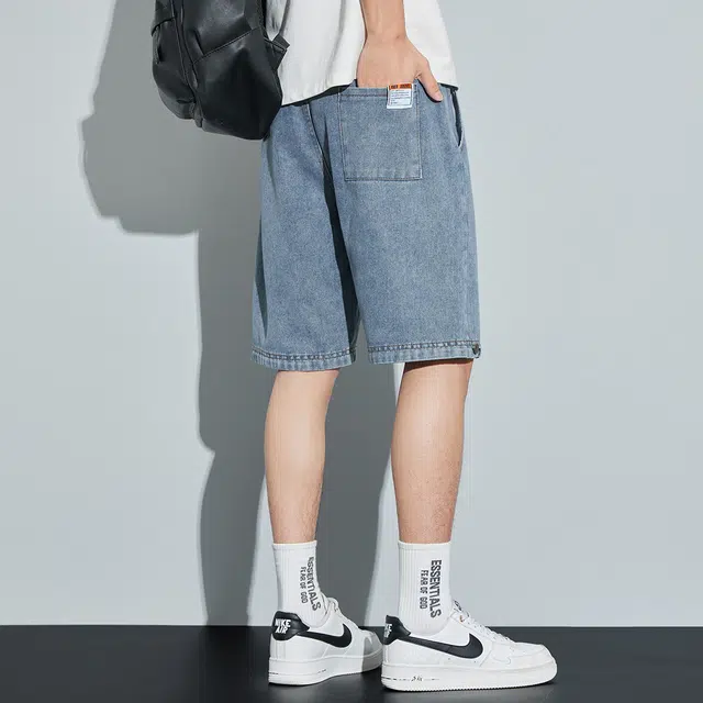 顶峰保罗 薄款潮流宽松休闲外穿潮牌炸街帅气百搭无性别主义五分中裤时尚直筒运动透气牛仔短裤 男女同款