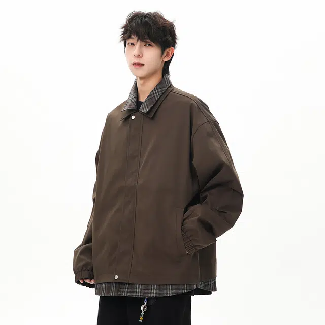 顶峰保罗 美式假两件格纹拼接翻领长袖外套无性别主义休闲复古潮牌宽松大码上衣简约百搭显高显瘦夹克 男女同款