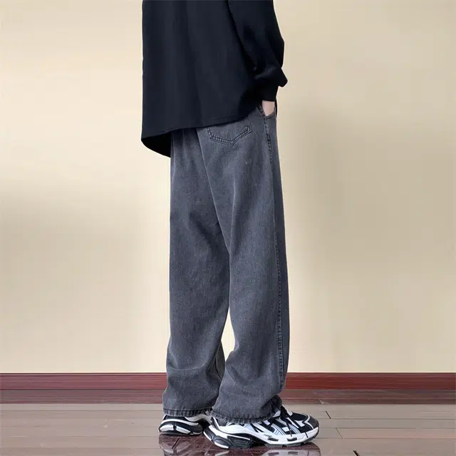 顶峰保罗 凉感透气美式复古贴标抽绳直筒阔腿长裤薄款水洗高街宽松休闲小众百搭牛仔裤 男女同款