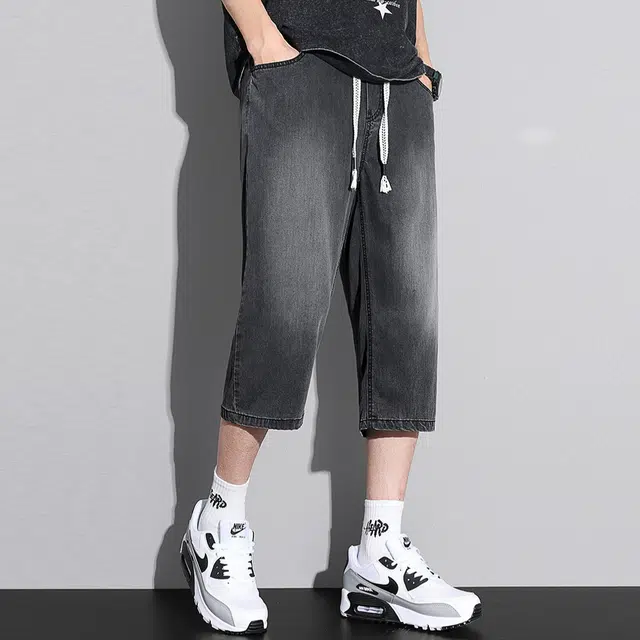 顶峰保罗 直筒宽松休闲痞帅七分裤薄款无性别主义大码松紧腰弹力纯色运动牛仔短裤 男女同款