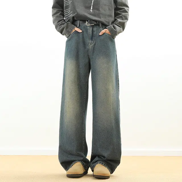 顶峰保罗 美式复古高街潮牌水洗休闲直筒无性别主义长裤百搭时尚宽松阔腿裤牛仔裤 男女同款