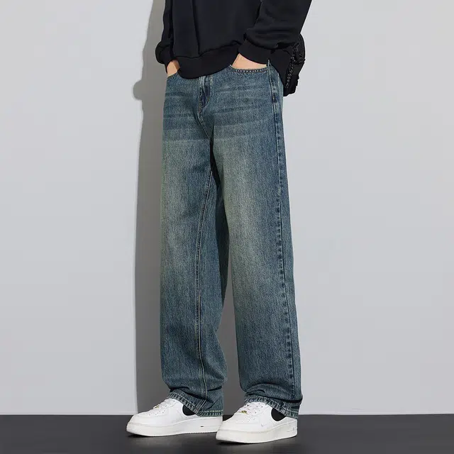 顶峰保罗 美式潮牌直筒阔腿无性别主义休闲复古高街水洗做旧运动长裤弹力显高显瘦宽松大码简约百搭加绒加厚垂感牛仔裤 男女同款