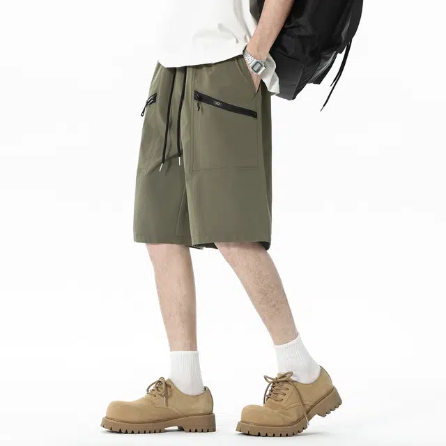 顶峰保罗 美式拼接拉链冰丝薄款宽松百搭工装直筒无性别主义运动健身五分中裤弹力潮牌显高垂顺外穿痞帅休闲短裤 男女同款