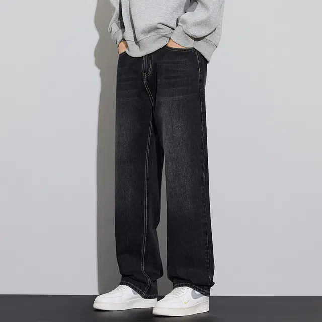 顶峰保罗 美式潮牌直筒阔腿无性别主义休闲复古高街水洗做旧运动长裤弹力显高显瘦宽松大码简约百搭加绒加厚垂感牛仔裤 男女同款