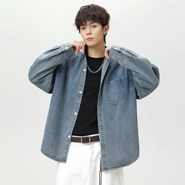 顶峰保罗 美式水洗复古翻领牛仔衬衣无性别主义休闲运动宽松大码高街工装长袖夹克外套纯色显高显瘦潮牌简约百搭衬衫 男女同款