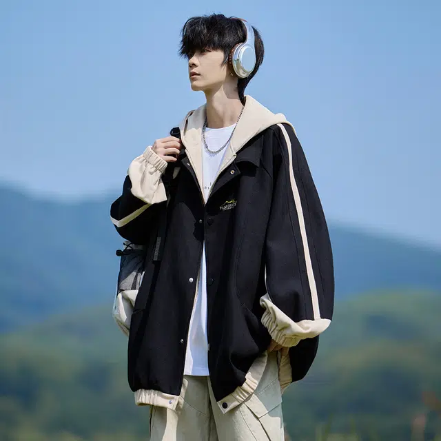 顶峰保罗 港风假两件撞色连帽外套潮牌宽松户外无性别主义简约时尚痞帅百搭运动大码休闲夹克 男女同款