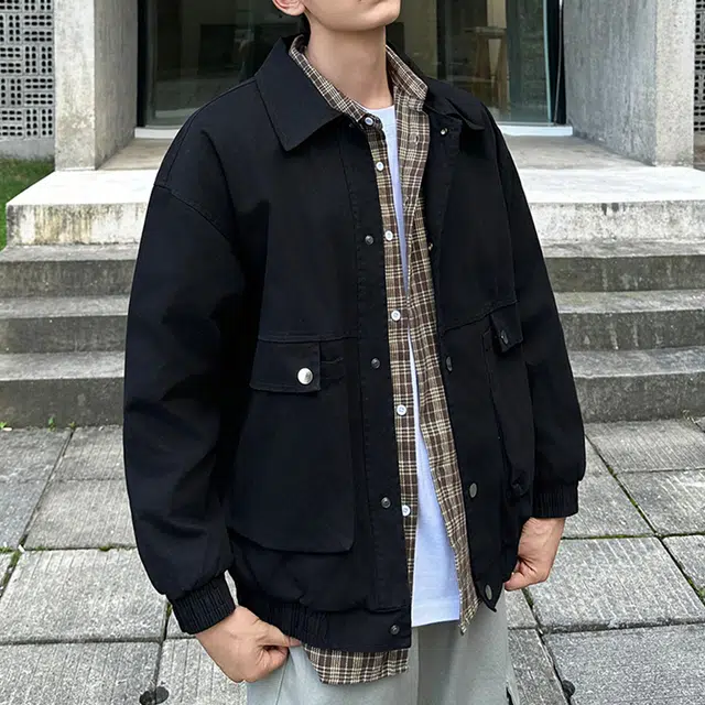 顶峰保罗 美式复古纯棉翻领重磅工装上衣外套无性别主义休闲潮牌宽松加肥加宽衬衣简约百搭纯色显高显瘦长袖夹克 男女同款