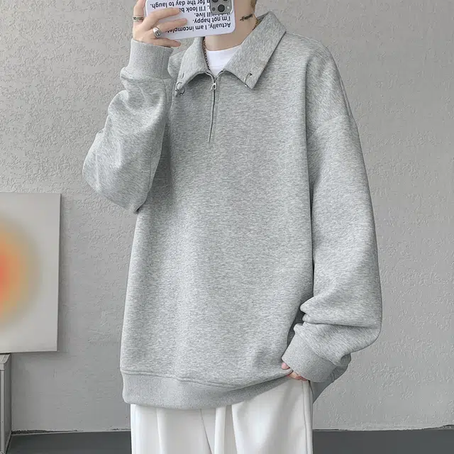 顶峰保罗 半拉链金属扣重磅翻领宽松大码长袖上衣无性别主义潮牌休闲运动高街纯色衬衣简约百搭显高显瘦卫衣 男女同款