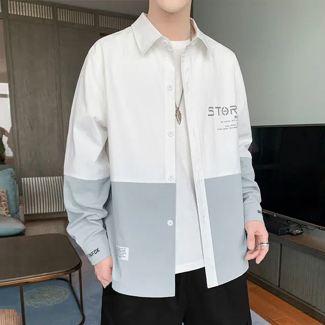 顶峰保罗 冰丝凉感字母拼接撞色外穿上衣服宽松休闲设计感小众百搭运动舒适潮流长袖衬衫 男女同款