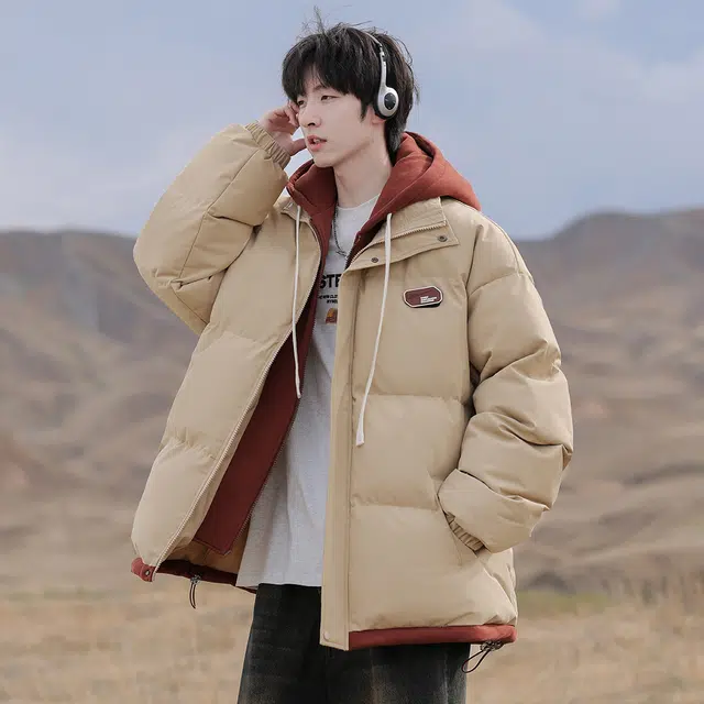 顶峰保罗 假两件拼接撞色休闲工装连帽面包服复古潮牌无性别主义直筒宽松百搭保暖大码厚实时尚长袖棉服 男女同款