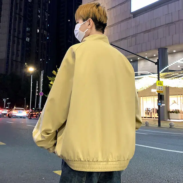 顶峰保罗 美式条纹拼接潮牌纯色飞行员翻领长袖机车外套无性别主义直筒休闲运动复古工装上衣宽松加肥加大简约百搭高街夹克 男女同款