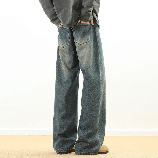 顶峰保罗 美式复古高街潮牌水洗休闲直筒无性别主义长裤百搭时尚宽松阔腿裤牛仔裤 男女同款