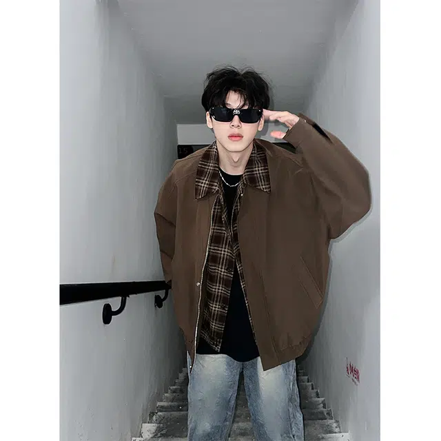 顶峰保罗 美式高街复古宽松大码休闲假两件格子拼接上衣外套无性别主义情侣款百搭翻领夹克外套 男女同款