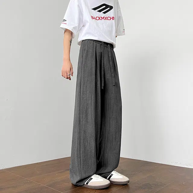 顶峰保罗 美式复古潮牌凉感舒适薄款直筒长裤竖条纹理感宽松小众百搭显瘦拖地阔腿休闲裤 男女同款