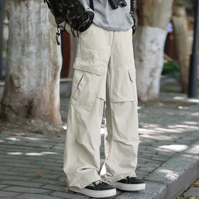 顶峰保罗 美式纯棉高街潮牌多口袋工装伞兵裤无性别主义通勤宽松百搭阔腿长裤子简约时尚痞帅直筒拖地垂感休闲裤 男女同款