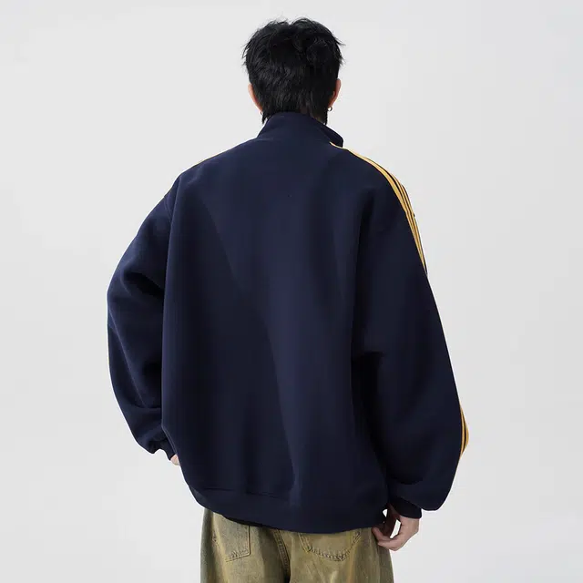 顶峰保罗 设计感刺绣三条杠立领美式慵懒风高街条纹开衫卫衣潮牌宽松休闲外套无性别主义夹克 男女同款