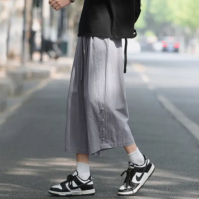 顶峰保罗 新中式纯棉薄款宽松阔腿国潮无性别主义纯色潮牌盘扣七分裤弹力抽绳显高直筒大码休闲短裤 男女同款