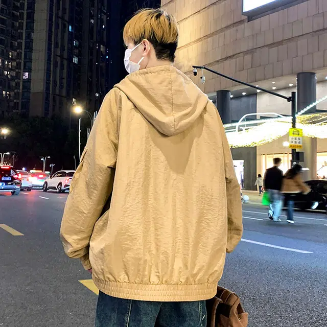 顶峰保罗 美式潮牌纯色飞行员翻领长袖机车连帽外套无性别主义直筒休闲运动复古工装上衣宽松加肥加大简约百搭高街夹克 男女同款