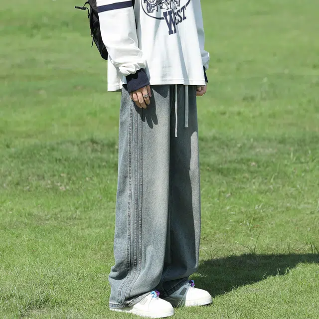 顶峰保罗 美式复古高街潮牌宽松直筒牛仔裤 男女同款