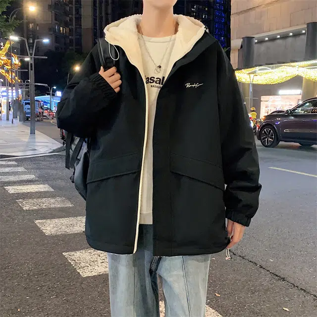 顶峰保罗 双面穿羊羔绒潮牌连帽立领宽松休闲运动外套无性别主义时尚百搭加绒加厚棉服 男女同款