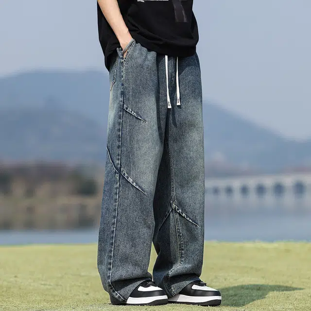 顶峰保罗 美式复古水洗工装解构无性别主义直筒长裤休闲阔腿弹力松紧腰显高百搭宽松高街潮牌垂感牛仔裤 男女同款