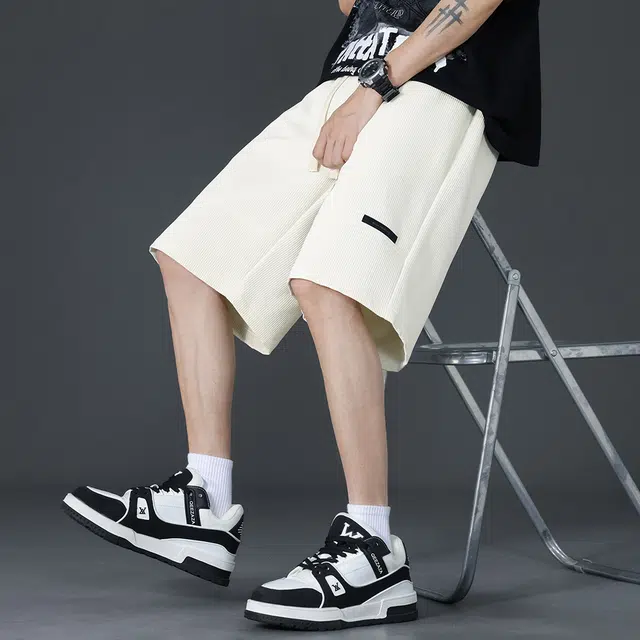 顶峰保罗 冰丝拼接直筒外穿薄款宽松百搭美式潮牌显高垂顺痞帅无性别主义运动健身五分中裤弹力休闲短裤 男女同款