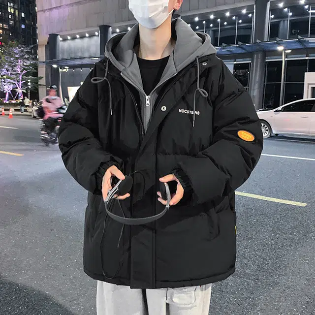 顶峰保罗 假两件拼接撞色休闲工装连帽长袖复古潮牌无性别主义直筒面包服宽松百搭加厚派克服保暖大码时尚棉服 男女同款