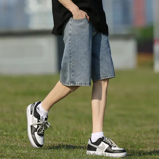 顶峰保罗 无性别主义美式高街潮牌潮复古水洗做旧直筒五分中裤垂感设计感百搭牛仔短裤 男女同款