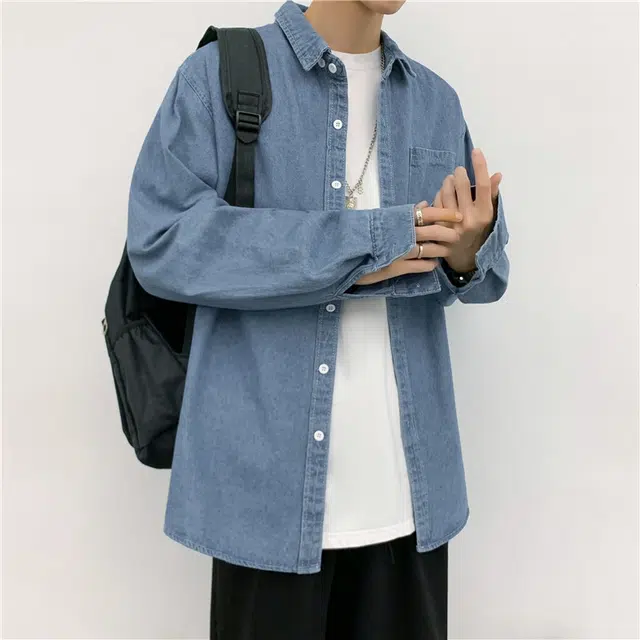 顶峰保罗 美式复古潮牌宽松休闲衬衣外套无性别主义痞帅工装时尚百搭高级感纯色牛仔衬衫 男女同款