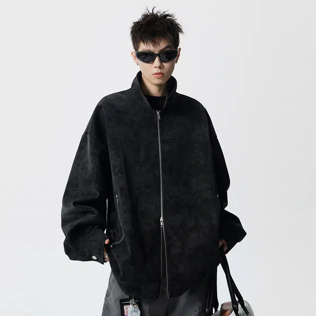 顶峰保罗 美式扎染复古痞帅翻领工装皮衣无性别主义美拉德重磅休闲宽松大码上衣茄克简约百搭显高显瘦长袖夹克外套 男女同款