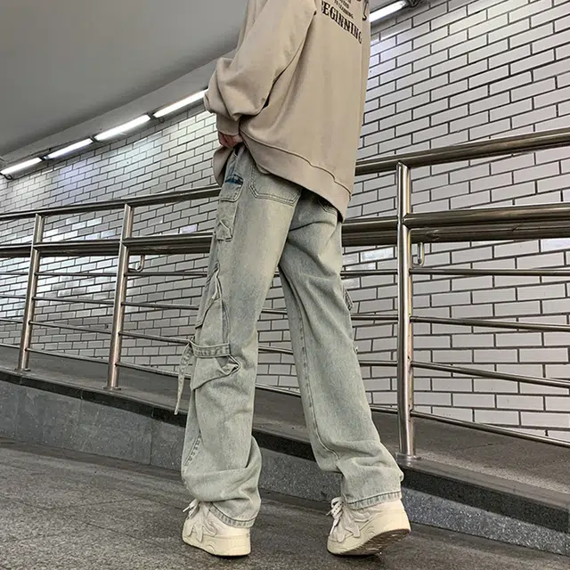 顶峰保罗 美式高街潮牌水洗百搭多口袋工装宽松薄款直筒阔腿系带复古做旧显高显瘦牛仔裤 男女同款