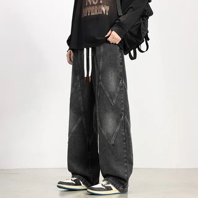 顶峰保罗 美式潮牌解构高级设计感宽松直筒阔腿情侣款潮流百搭水洗做旧通勤亲肤舒适痞帅牛仔裤 男女同款