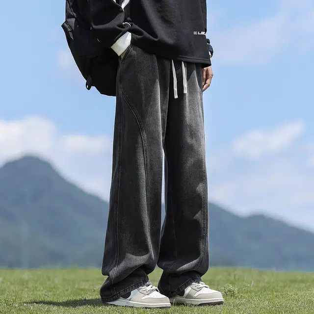 顶峰保罗 复古做旧水洗宽松直筒休闲时尚百搭加厚加绒无性别主义美式潮牌垂感高街弯刀系带设计感牛仔裤 男女同款