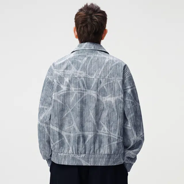 顶峰保罗 美式复古扎染做旧翻领牛仔外套无性别主义直筒宽松加肥加大休闲百搭衬衫上衣潮牌时尚高街长袖防风夹克 男女同款