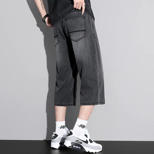 顶峰保罗 直筒宽松休闲痞帅七分裤薄款无性别主义大码松紧腰弹力纯色运动牛仔短裤 男女同款