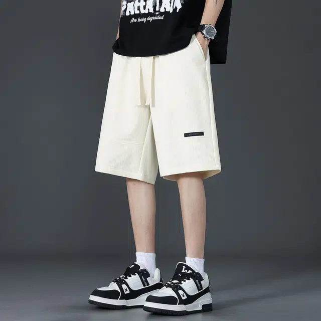 顶峰保罗 冰丝拼接直筒外穿薄款宽松百搭美式潮牌显高垂顺痞帅无性别主义运动健身五分中裤弹力休闲短裤 男女同款