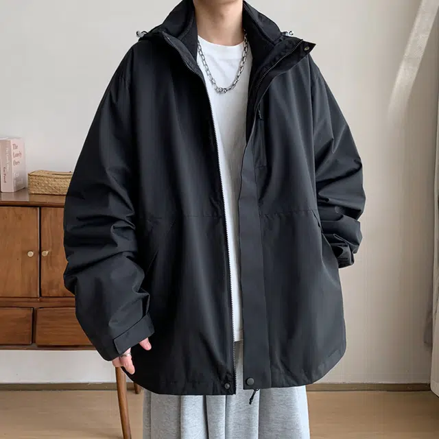 顶峰保罗 户外机能运动登山可拆卸抓绒内胆工装冲锋连帽上衣三合一多口袋宽松百搭舒适大码简约两件套夹克外套 男女同款