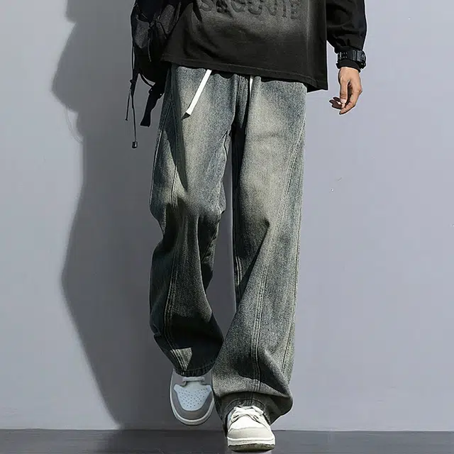 顶峰保罗 无性别主义水洗做旧复古宽松直筒休闲时尚百搭美式潮牌高街弯刀系带设计感垂感牛仔裤 男女同款