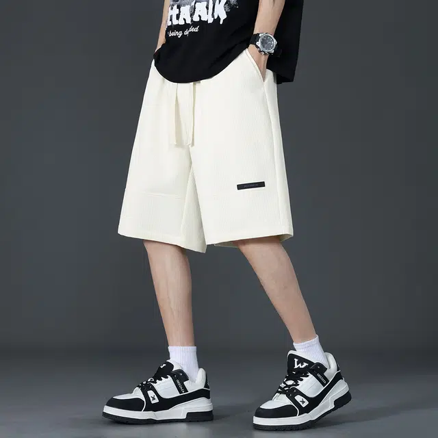 顶峰保罗 冰丝拼接直筒外穿薄款宽松百搭美式潮牌显高垂顺痞帅无性别主义运动健身五分中裤弹力休闲短裤 男女同款