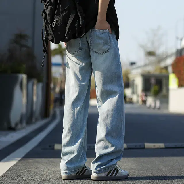 顶峰保罗 冰丝美式潮牌宽松直筒裤子高级感无性别主义百搭垂感阔腿复古高街弹力抽绳牛仔裤 男女同款