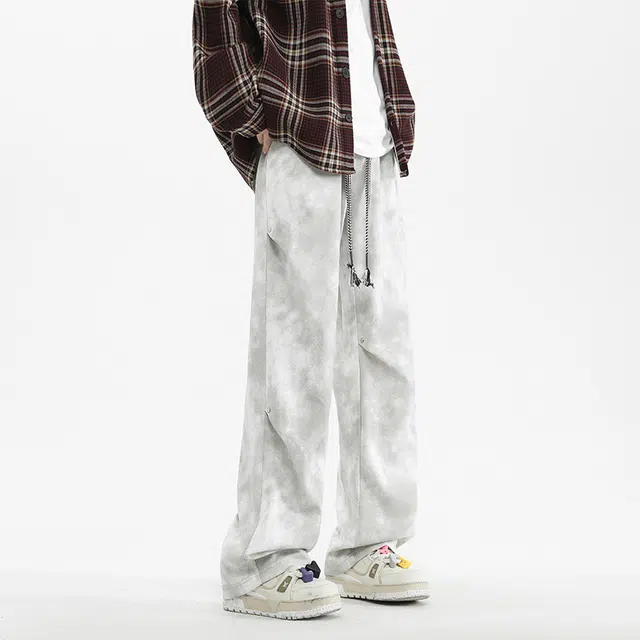 顶峰保罗 美式扎染脏脏裤高街直筒长裤无性别主义潮牌冰丝凉感褶皱设计感宽松百搭阔腿休闲裤 男女同款