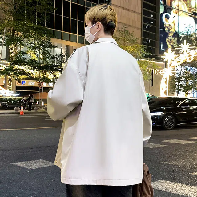 顶峰保罗 美式复古潮牌纯色飞行员翻领长袖机车外套无性别主义直筒休闲工装上衣宽松加肥加大简约百搭高街夹克 男女同款