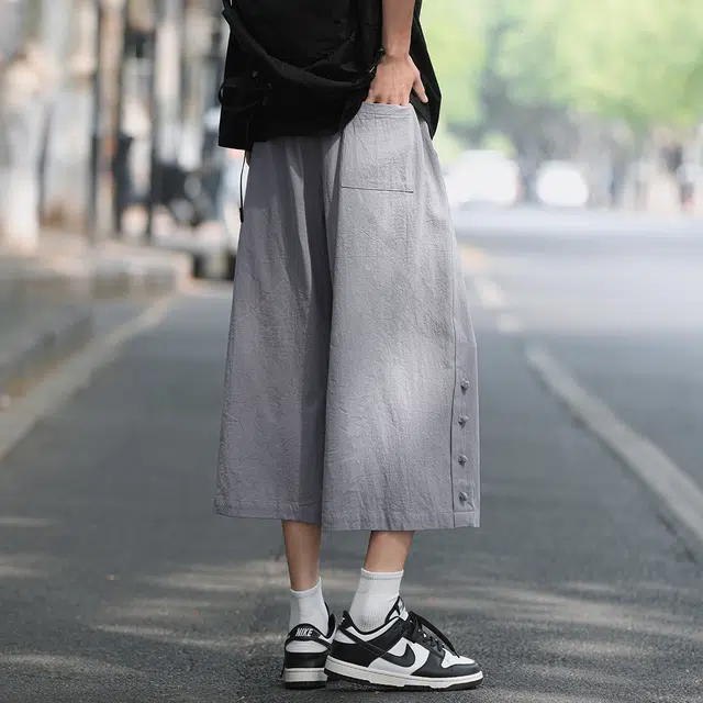 顶峰保罗 新中式纯棉薄款宽松阔腿国潮无性别主义纯色潮牌盘扣七分裤弹力抽绳显高直筒大码休闲短裤 男女同款