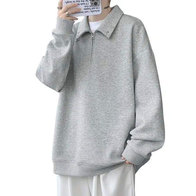 顶峰保罗 半拉链金属扣重磅翻领宽松大码长袖上衣无性别主义潮牌休闲运动高街纯色衬衣简约百搭显高显瘦卫衣 男女同款