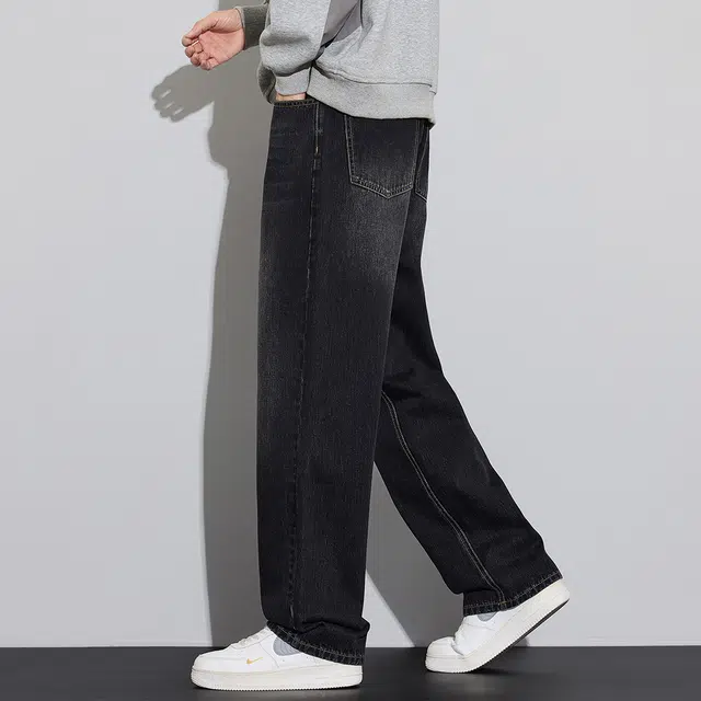 顶峰保罗 美式潮牌直筒阔腿无性别主义休闲复古高街水洗做旧运动长裤弹力显高显瘦宽松大码简约百搭加绒加厚垂感牛仔裤 男女同款