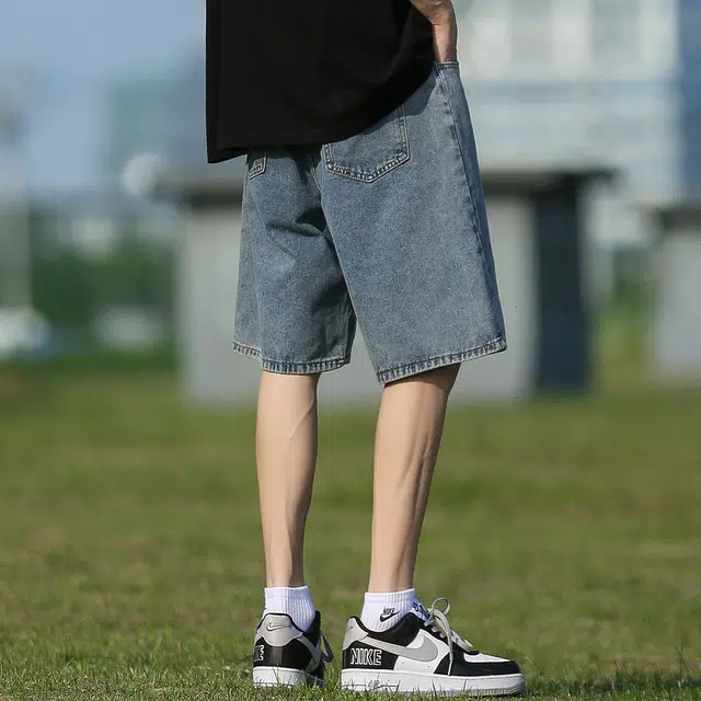 顶峰保罗 无性别主义美式高街潮牌潮复古水洗做旧直筒五分中裤垂感设计感百搭牛仔短裤 男女同款