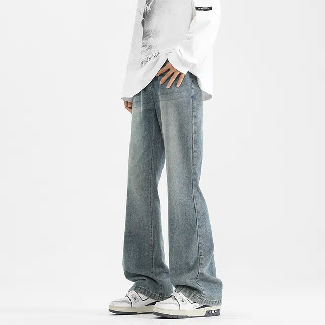 顶峰保罗 美式微喇撞色水洗高街直筒长裤无性别主义潮牌薄款宽松休闲透气百搭显瘦阔腿牛仔裤 男女同款