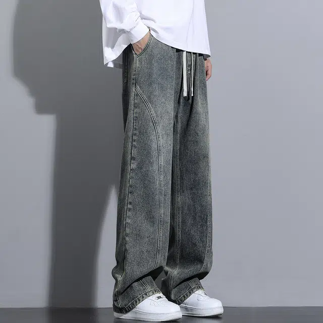 顶峰保罗 无性别主义水洗做旧复古宽松直筒休闲时尚百搭美式潮牌高街弯刀系带设计感垂感牛仔裤 男女同款