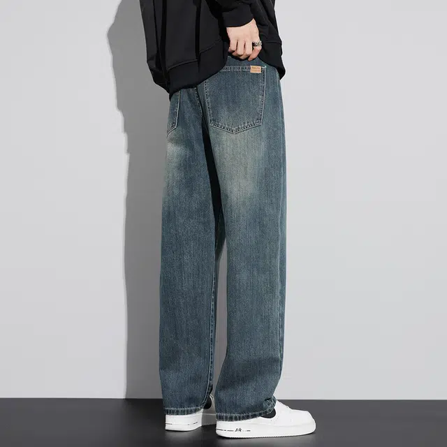 顶峰保罗 美式潮牌冰丝百搭阔腿垂感无性别主义复古直筒高街舒适时尚牛仔裤 男女同款