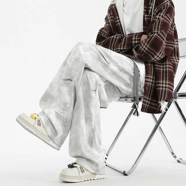 顶峰保罗 美式扎染脏脏裤高街直筒长裤无性别主义潮牌冰丝凉感褶皱设计感宽松百搭阔腿休闲裤 男女同款